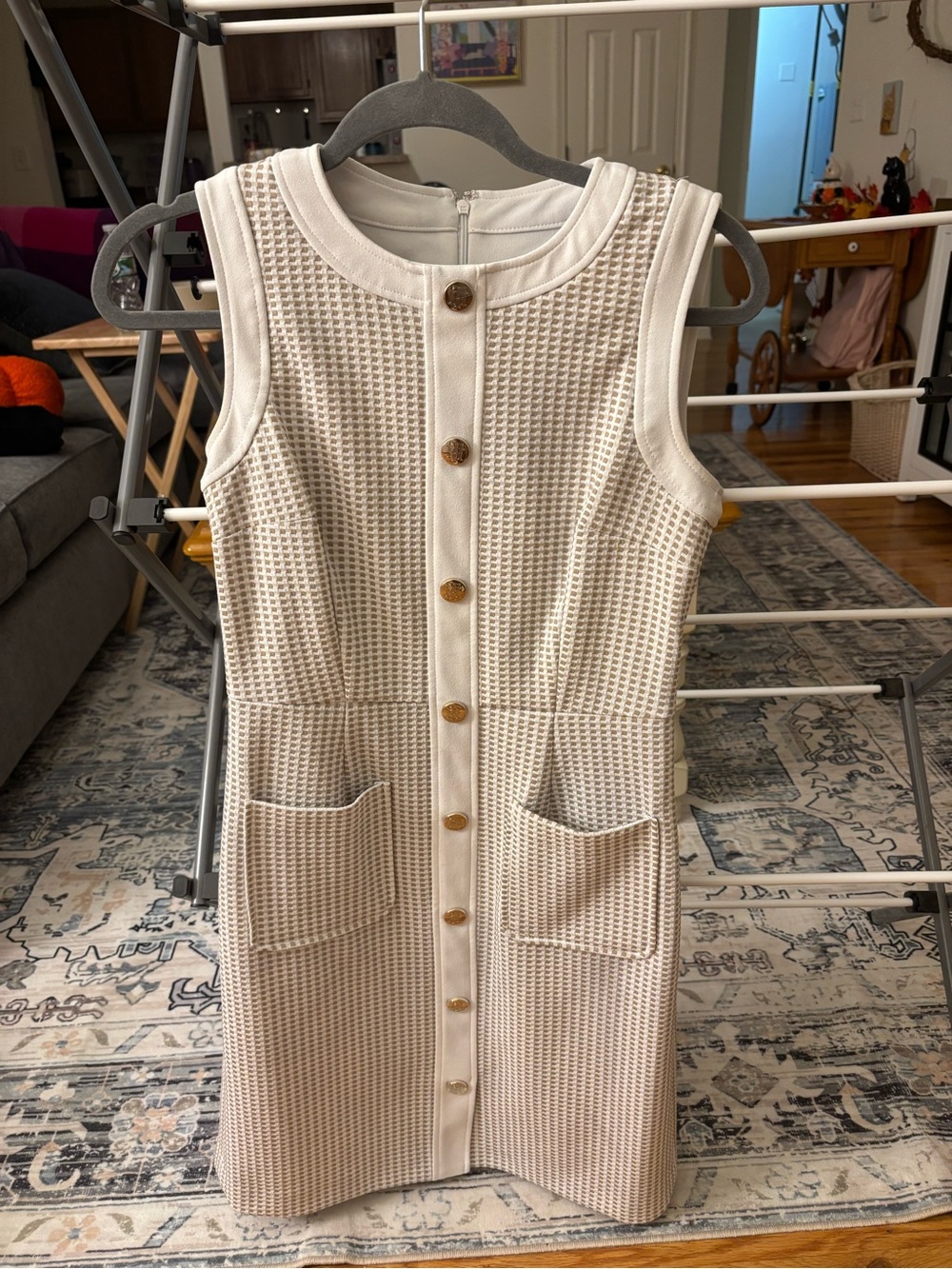 Tommy Hilfiger Sleeveless Textured Cream Button-Front Dress